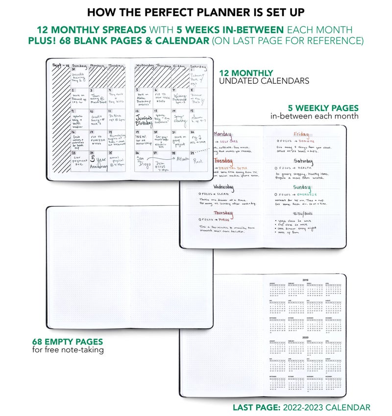 BK UNDATED Yearly Weekly/Monthly Planner 2026-27 Daily Planner Agenda & Personal Organizer to Increase Productivity, Academic Planner w/Sticker Set. A5 (5.8 x 8.3) - Green Hardcover - Image 3